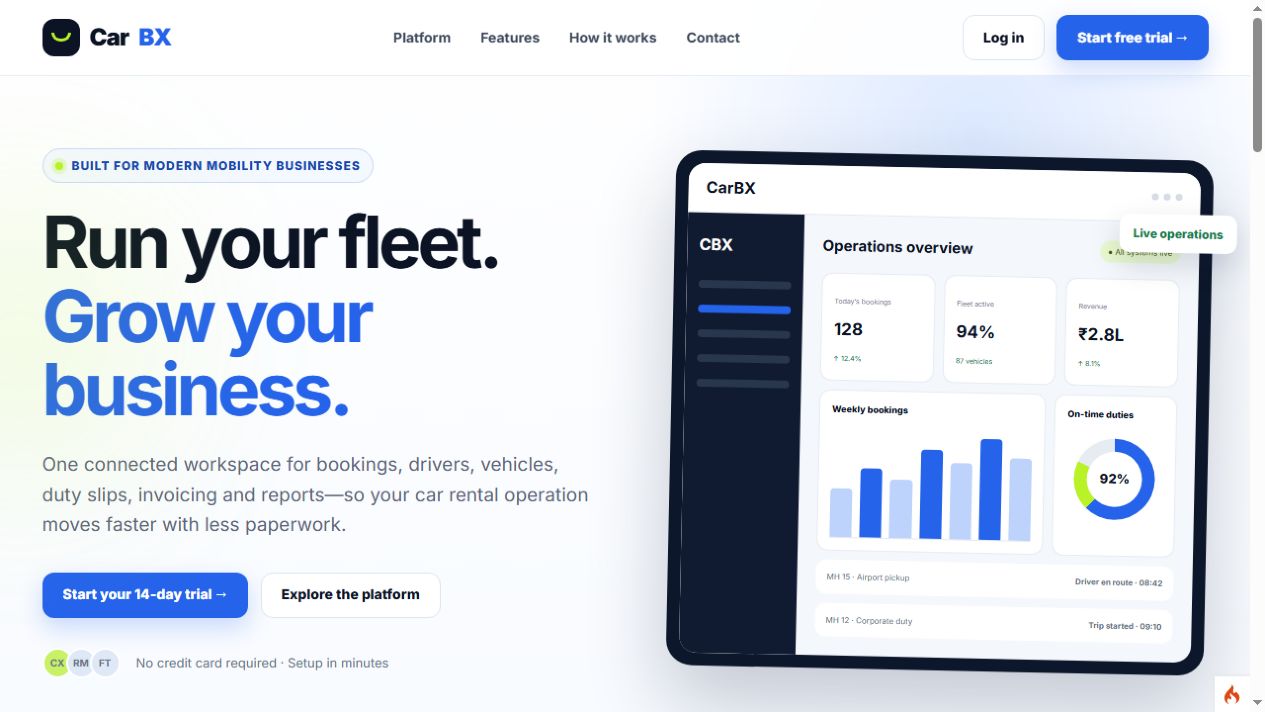 Live CarBX fleet and car rental management software landing page