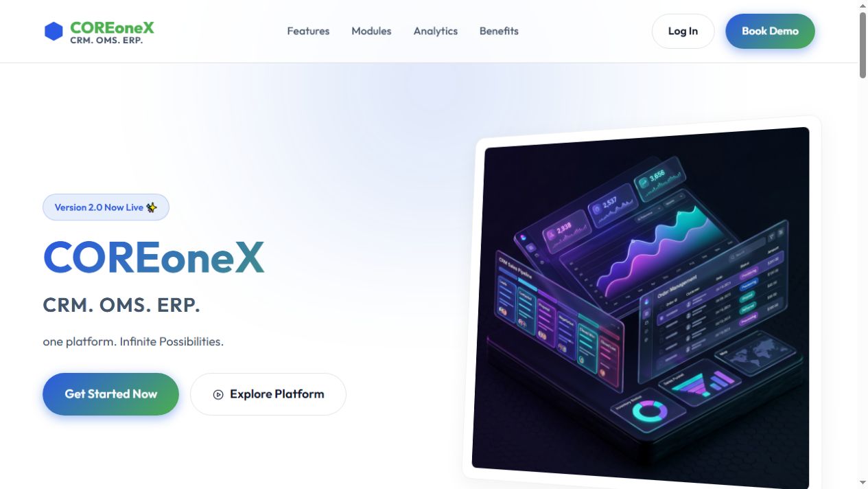 Live COREx CRM, OMS and ERP product landing page