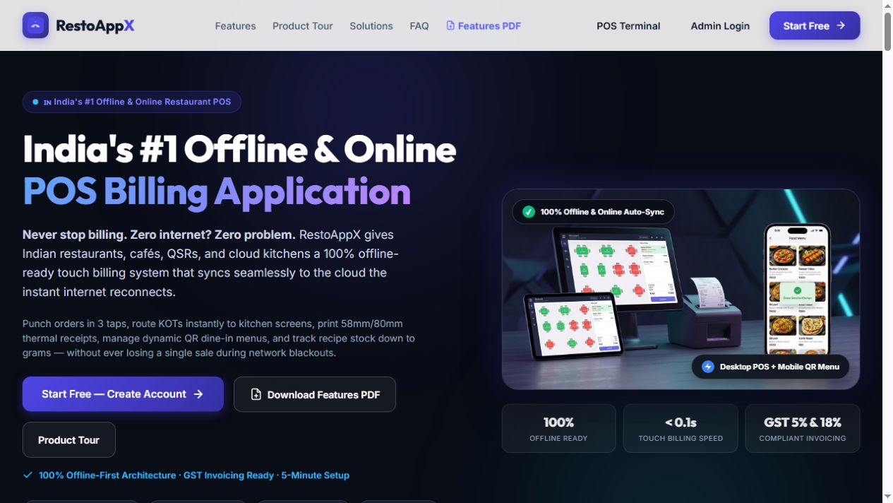 Live RestoAppX offline and online restaurant POS billing landing page